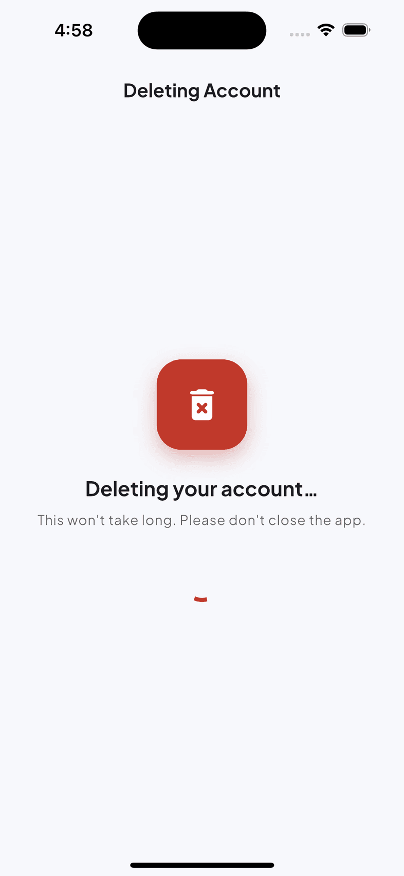 The VEZL screen shown while an account is being deleted, reading “Deleting your account…”.