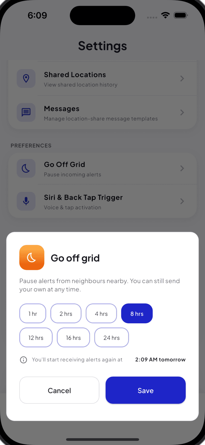 Go off grid sheet: a duration picker from 1 to 24 hours with 8 hours selected, and a line confirming when alerts will resume.