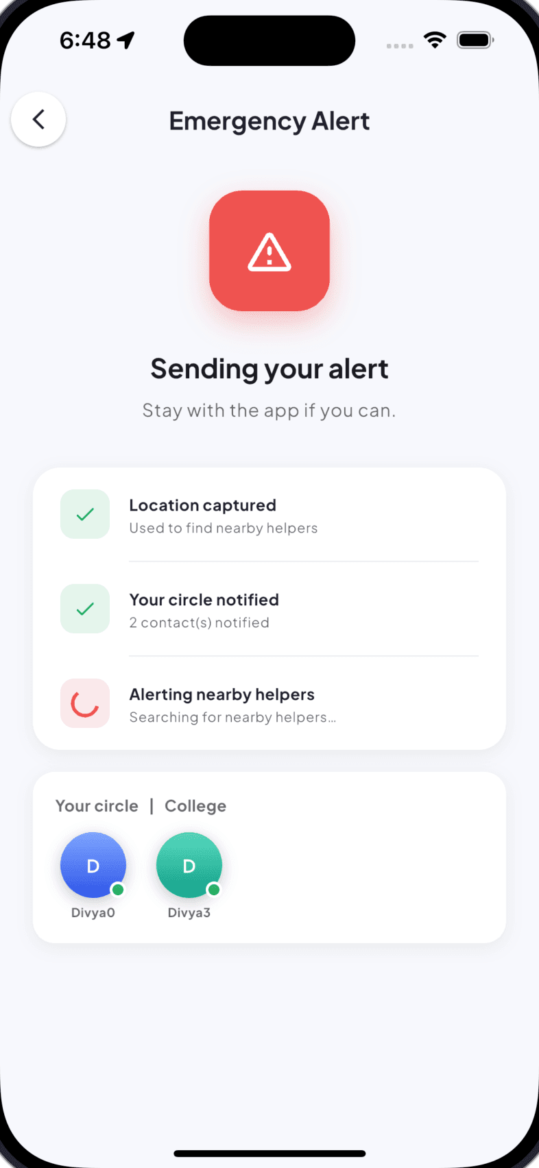 Sending your alert screen: a checklist showing location captured, your circle notified, and nearby helpers being alerted.
