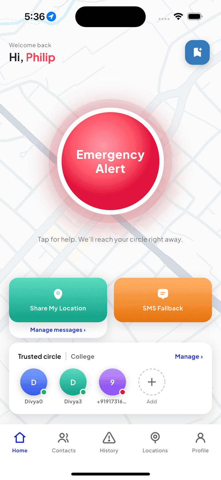 VEZL home screen: emergency alert, share location and trusted circle